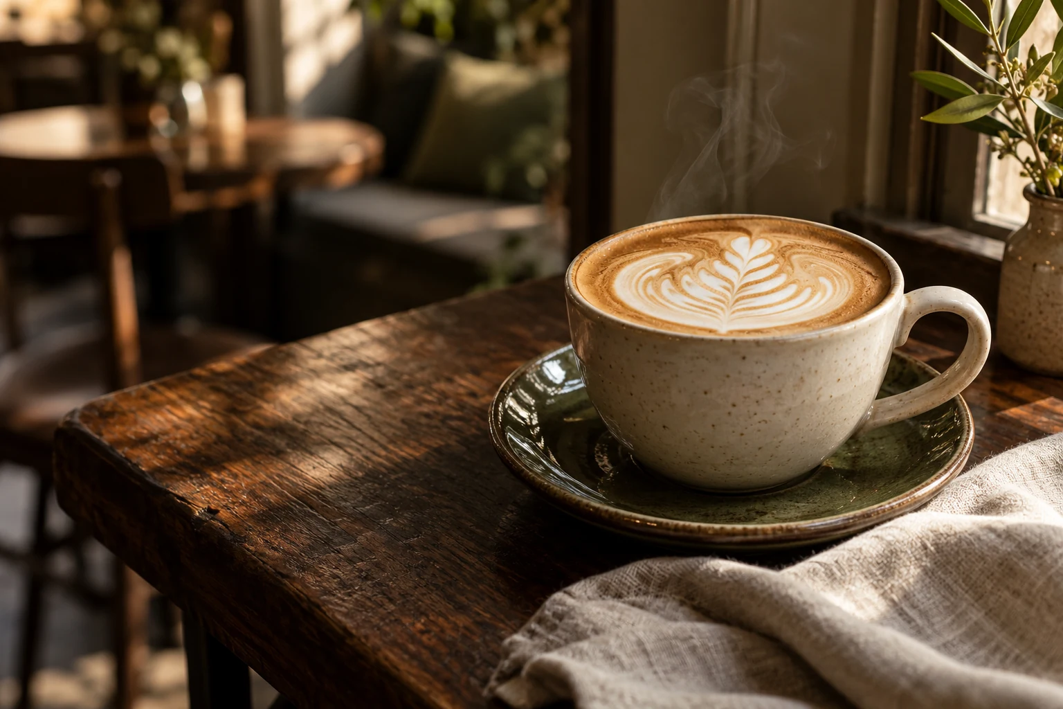 An ivory cappuccino with delicate latte art on a warm oak table in an olive-toned café